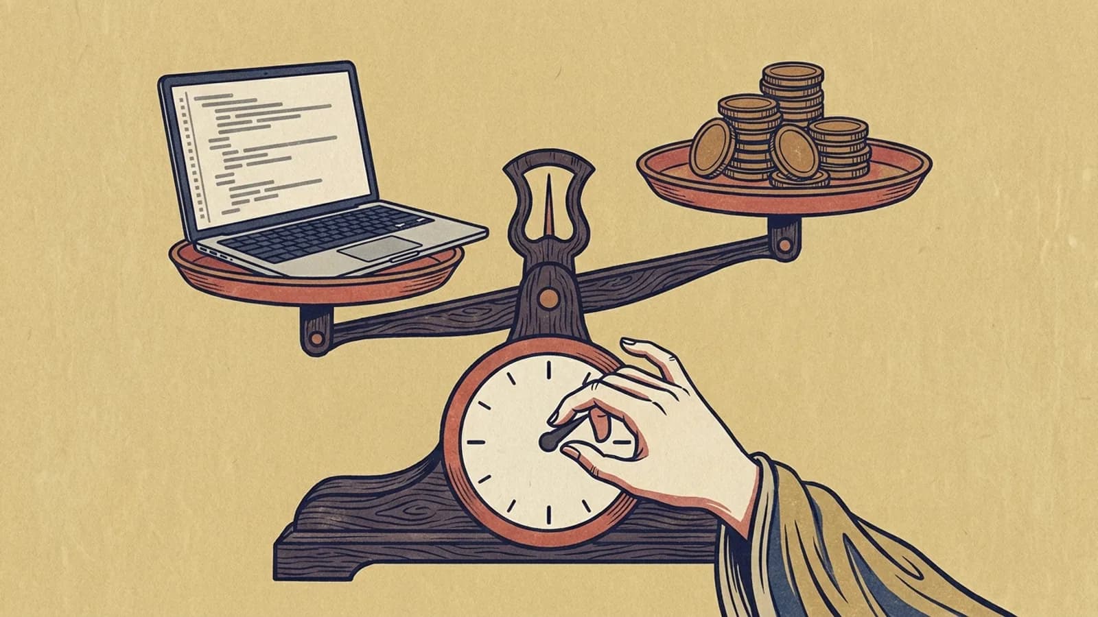 A balance scale with a laptop of code on one pan and a stack of coins on the other, while a hand turns a dial on its base