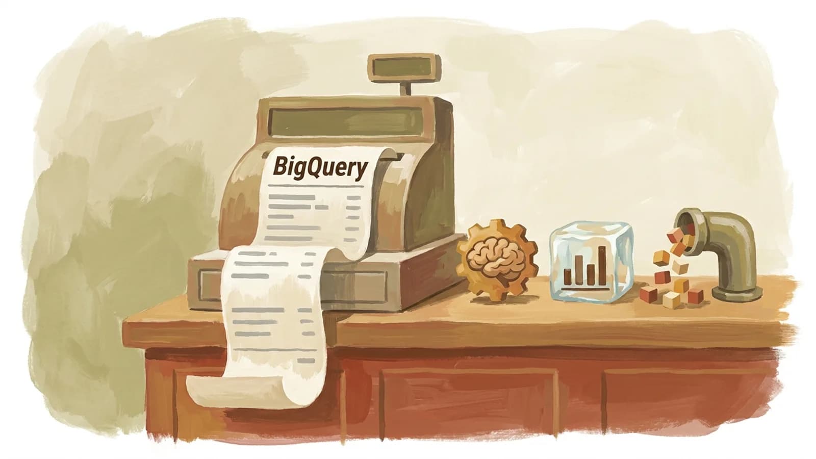 A till receipt headed BigQuery beside a gear holding a brain, a bar chart frozen in an ice cube and a pipe pouring data cubes