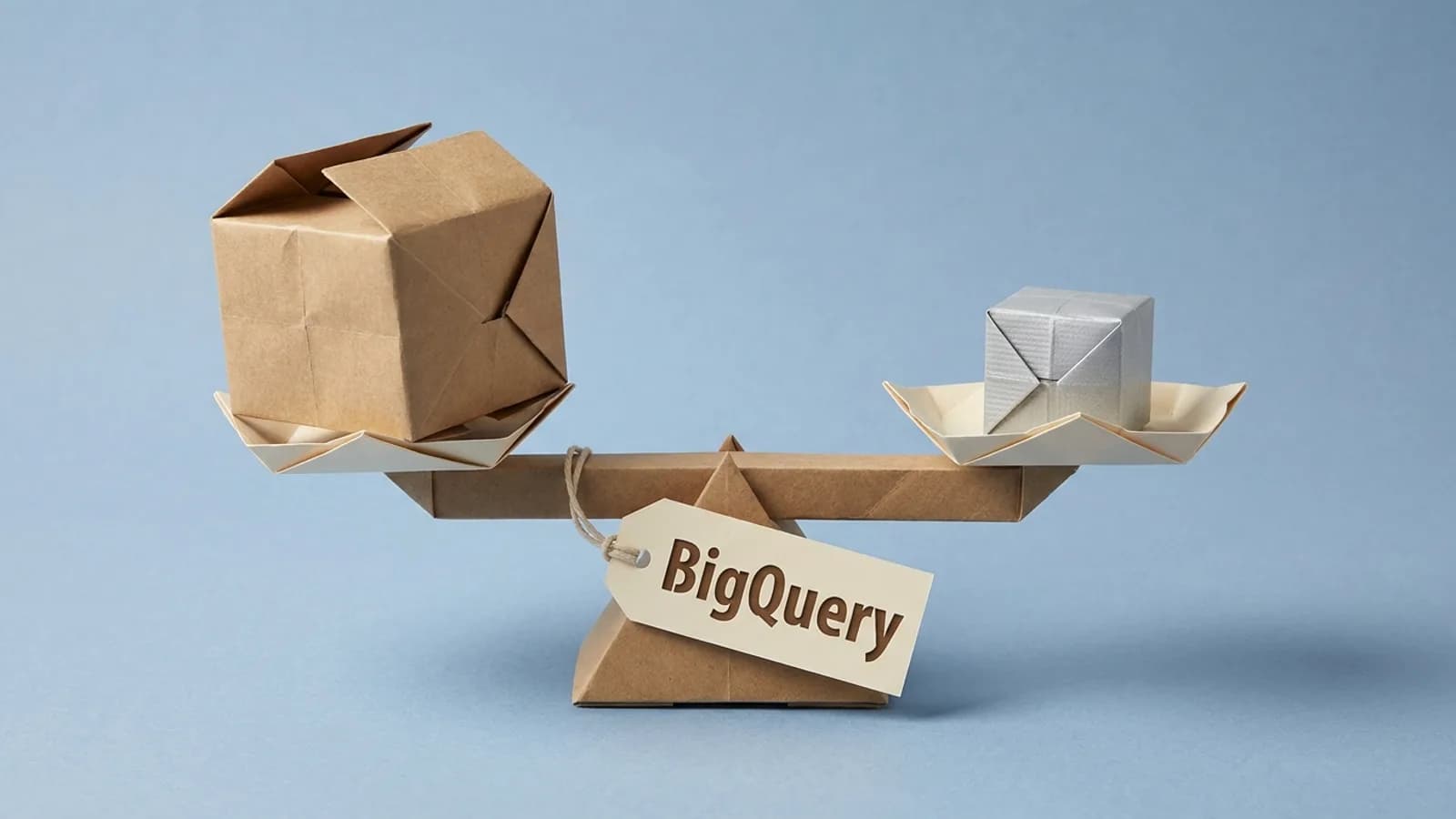 A balance with a large loose box on one side and a small vacuum-sealed box on the other, tagged BigQuery