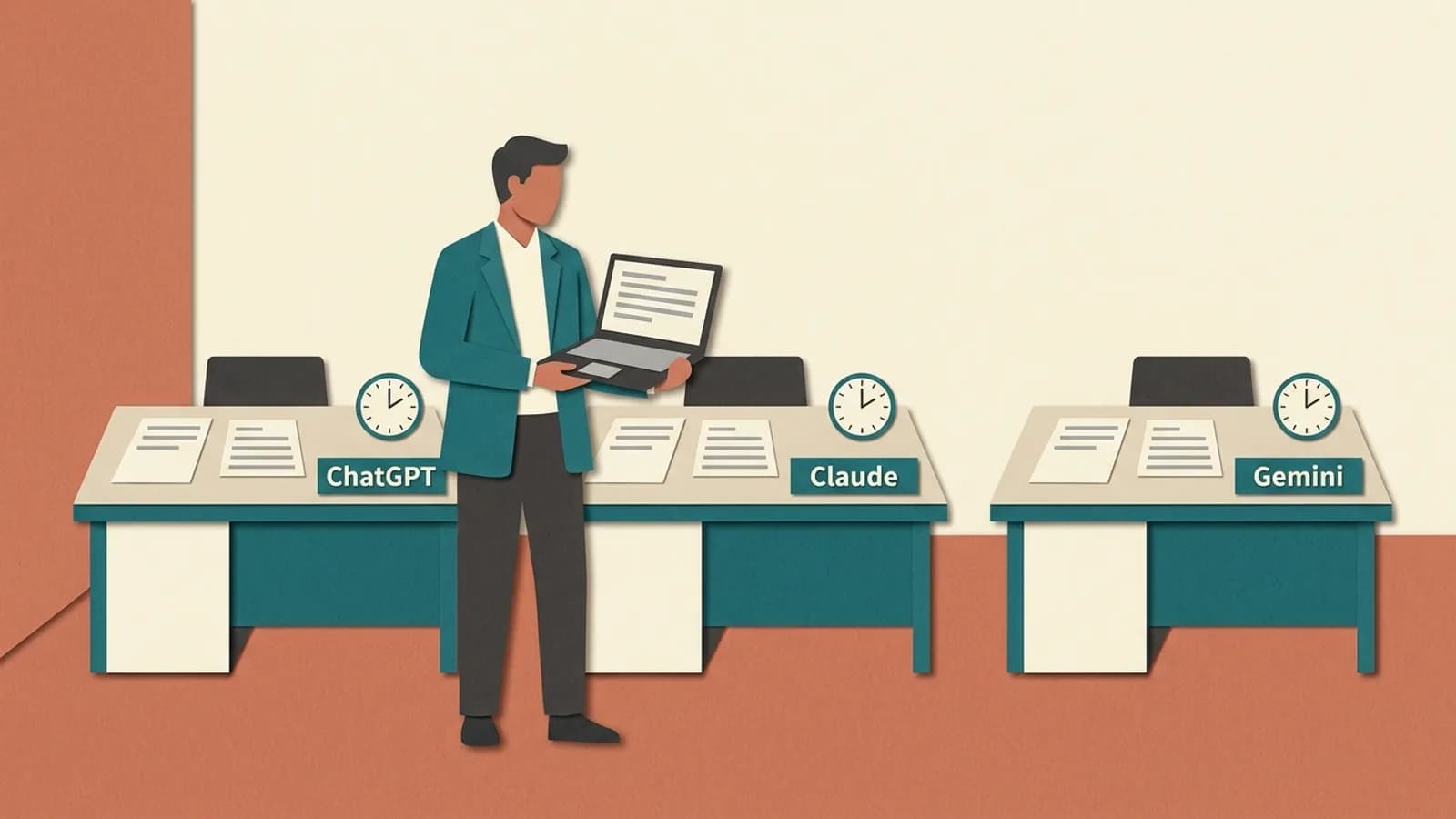 A worker holding a laptop stands before three identical desks, each with papers and a clock, labelled ChatGPT, Claude and Gemini