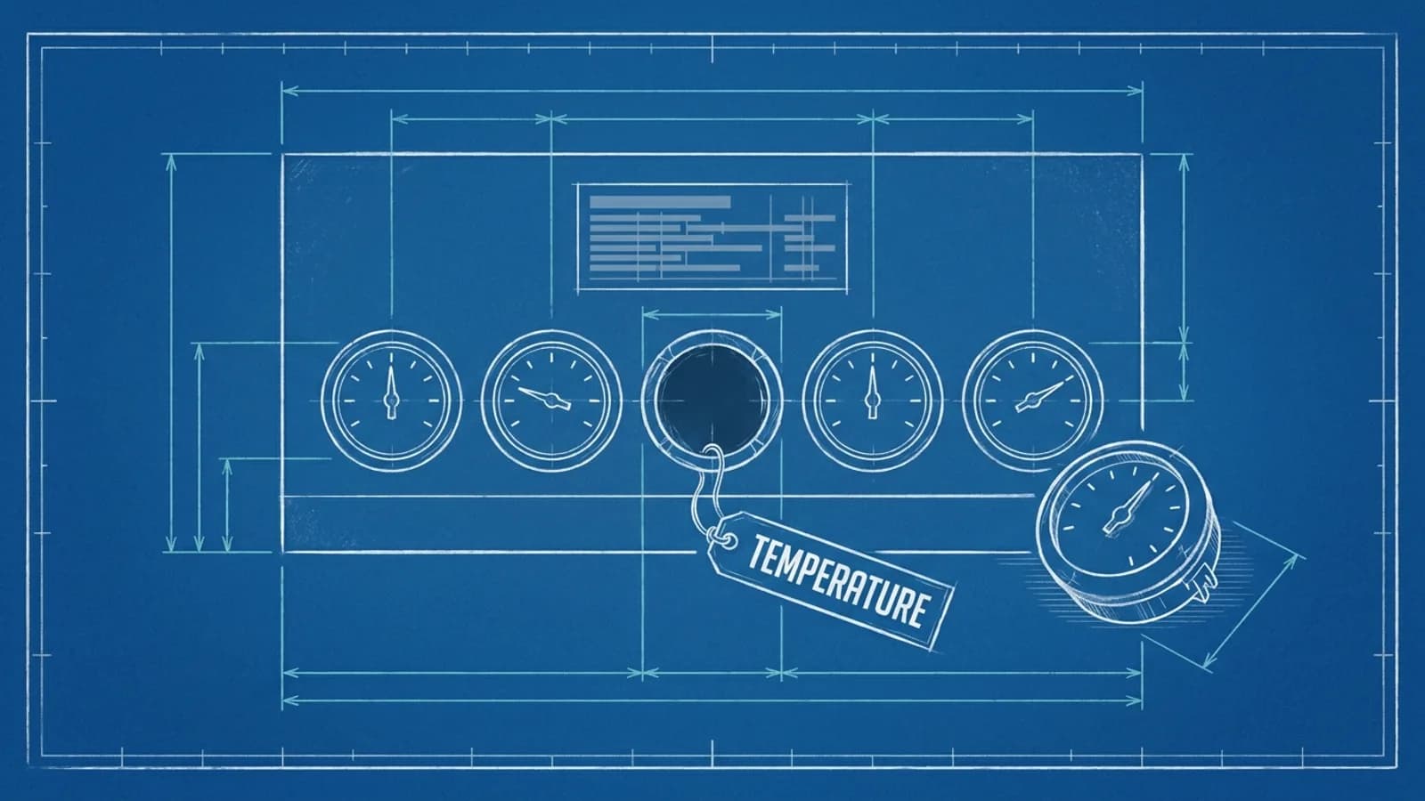 A blueprint of a control panel with one dial pulled out, its empty socket tagged TEMPERATURE, for the Claude API removing the temperature setting