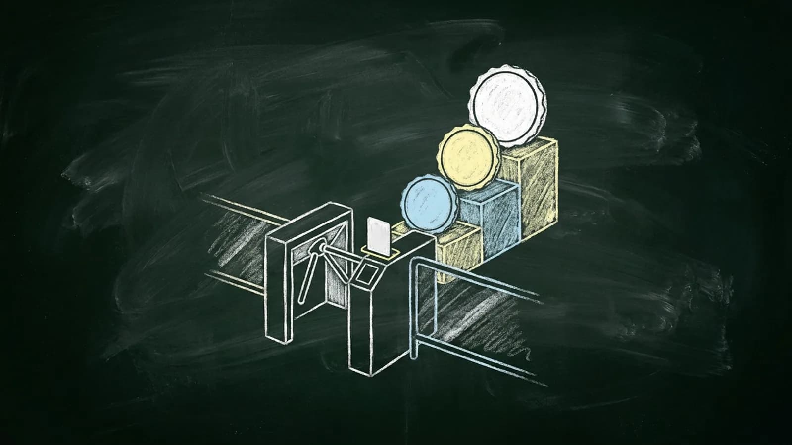 Chalk drawing of a turnstile that opens with an ID card, leading to steps that hold badges growing larger toward the top