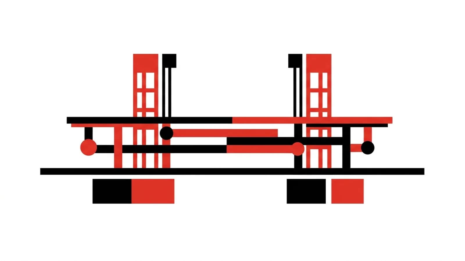 Swiss-style drawing of a bridge in red and black, showing its towers, deck, cabling and the foundations below