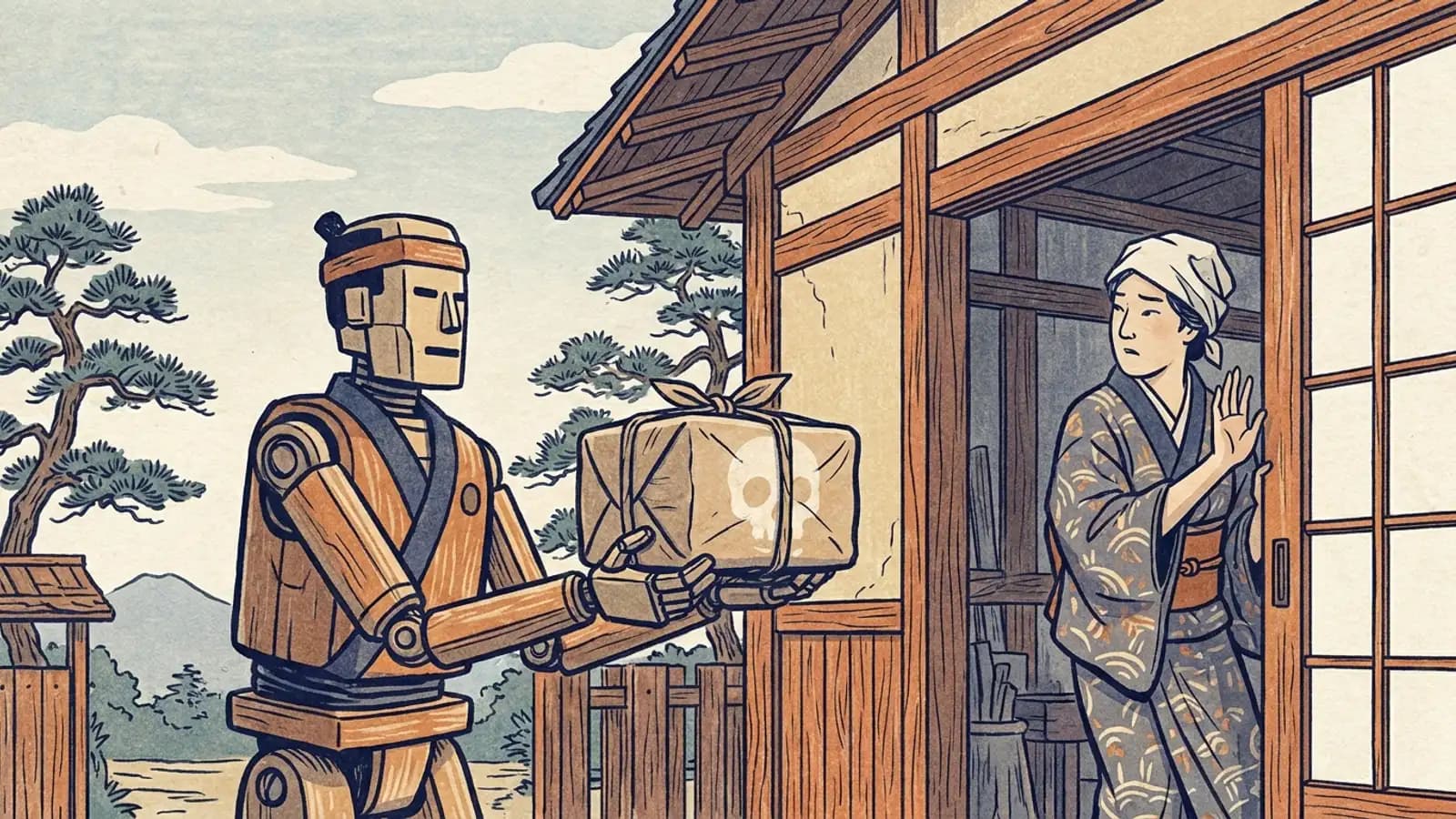 Woodcut of a wooden robot holding out a parcel marked with a faint skull to a woman who raises her hand to refuse it at her workshop door
