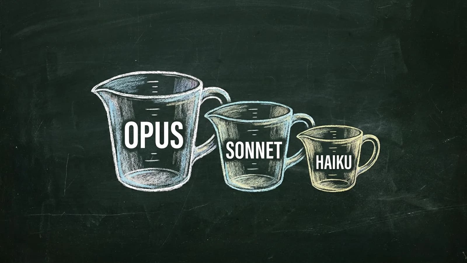 Three measuring cups, large, medium and small, labelled Opus, Sonnet and Haiku