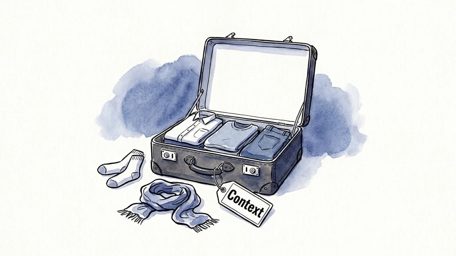 An open suitcase packed with a few chosen clothes and a Context luggage tag, socks and a scarf left out
