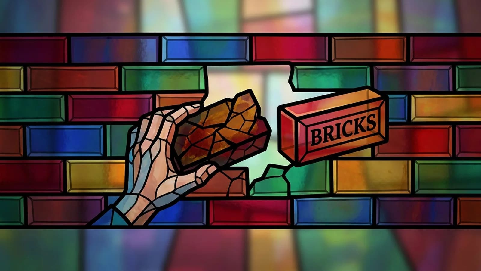 A stained glass wall where a hand swaps an old cracked brick for a new one stamped Bricks