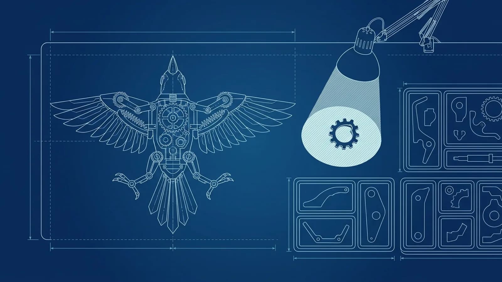 Blueprint drawing of a mechanical bird opened up on a workbench, its parts sorted into trays, with a desk lamp lighting a single bent gear