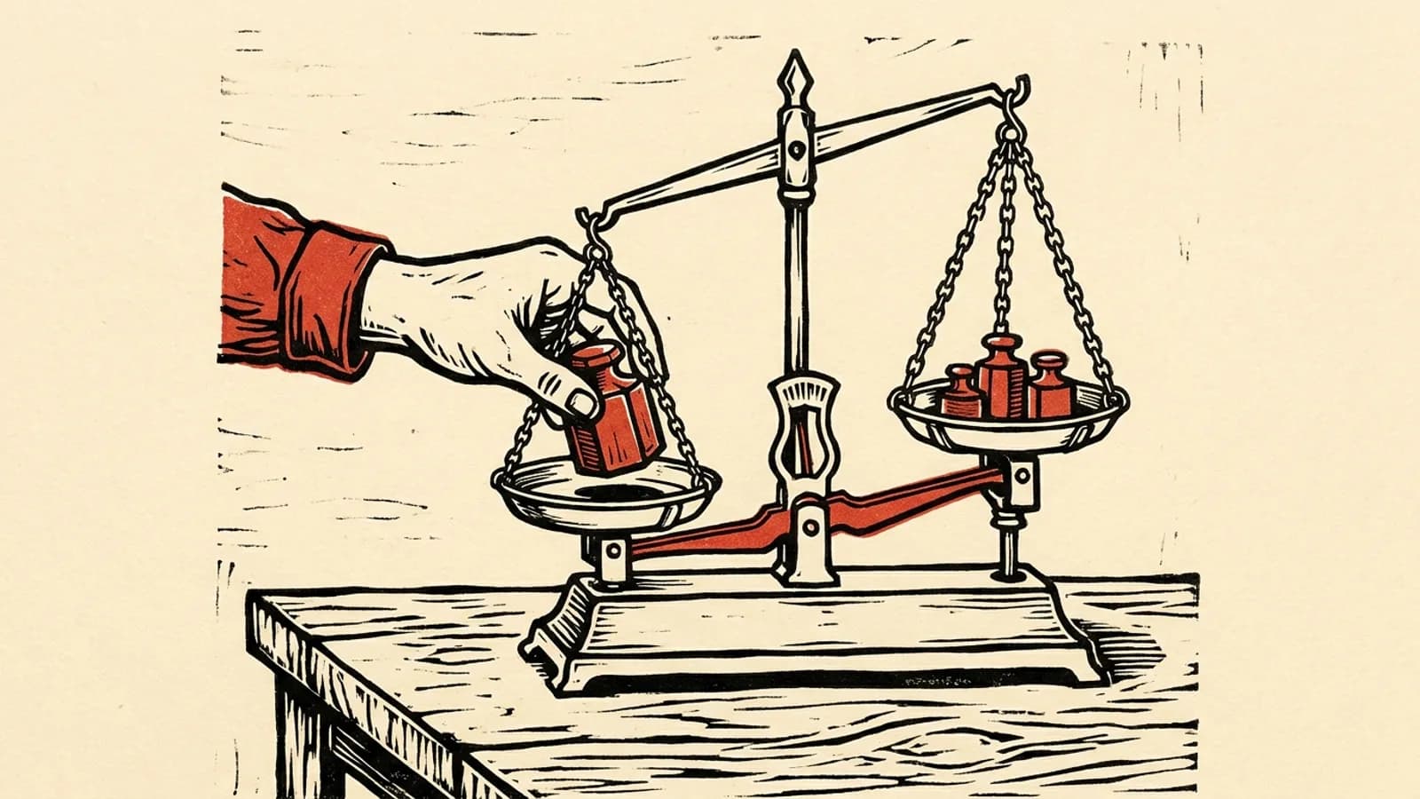 Linocut of a hand moving a brass weight from one pan of an old balance scale to the other