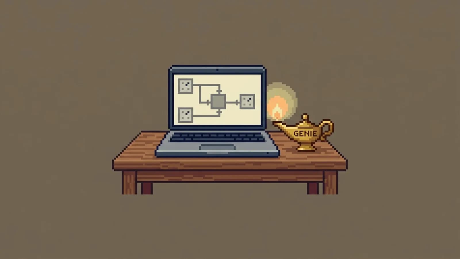 Pixel-art laptop showing a pipeline diagram next to a glowing lamp marked Genie, for Databricks Genie Code
