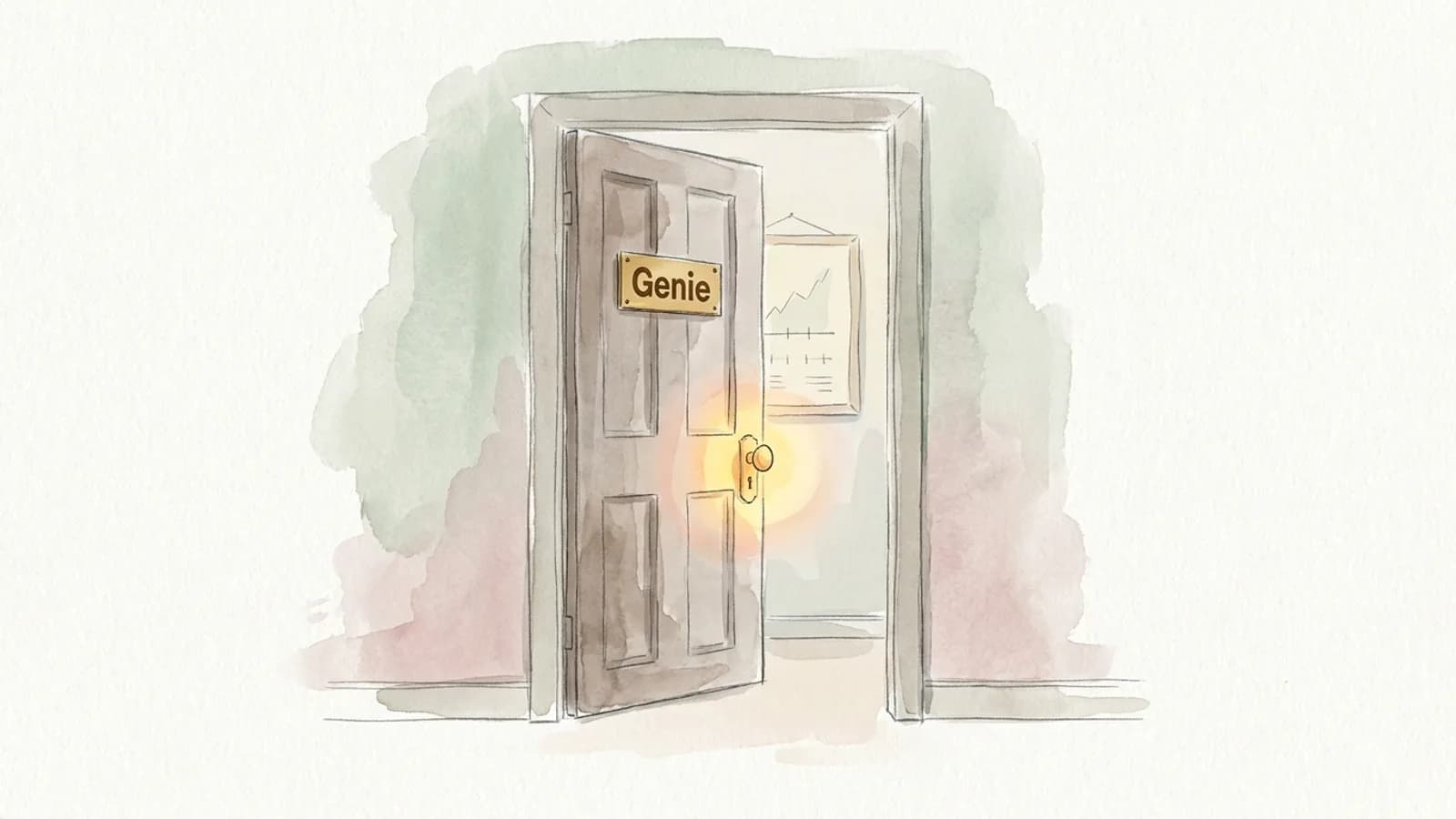 An open door with a Genie nameplate and a glowing lamp-shaped handle onto a room with a chart, for Databricks Genie One