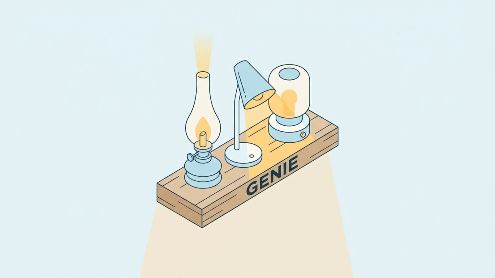 Three different lamps lit side by side on a wooden shelf labelled Genie, for Genie One, Genie Agents and Genie Code