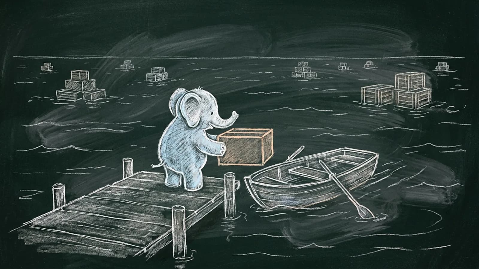 Chalk drawing of a small elephant on a jetty handing one box to a rowing boat, crates floating on a wide lake behind