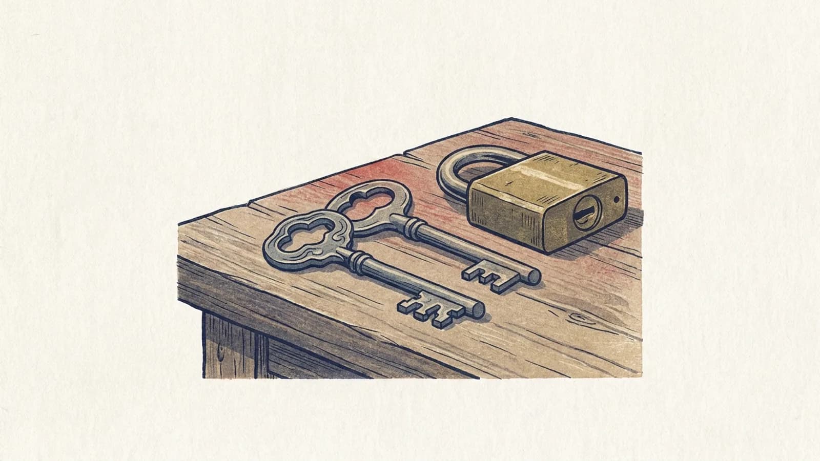 Woodcut of two old keys that look alike but have differently cut teeth, lying on a wooden table beside a brass padlock