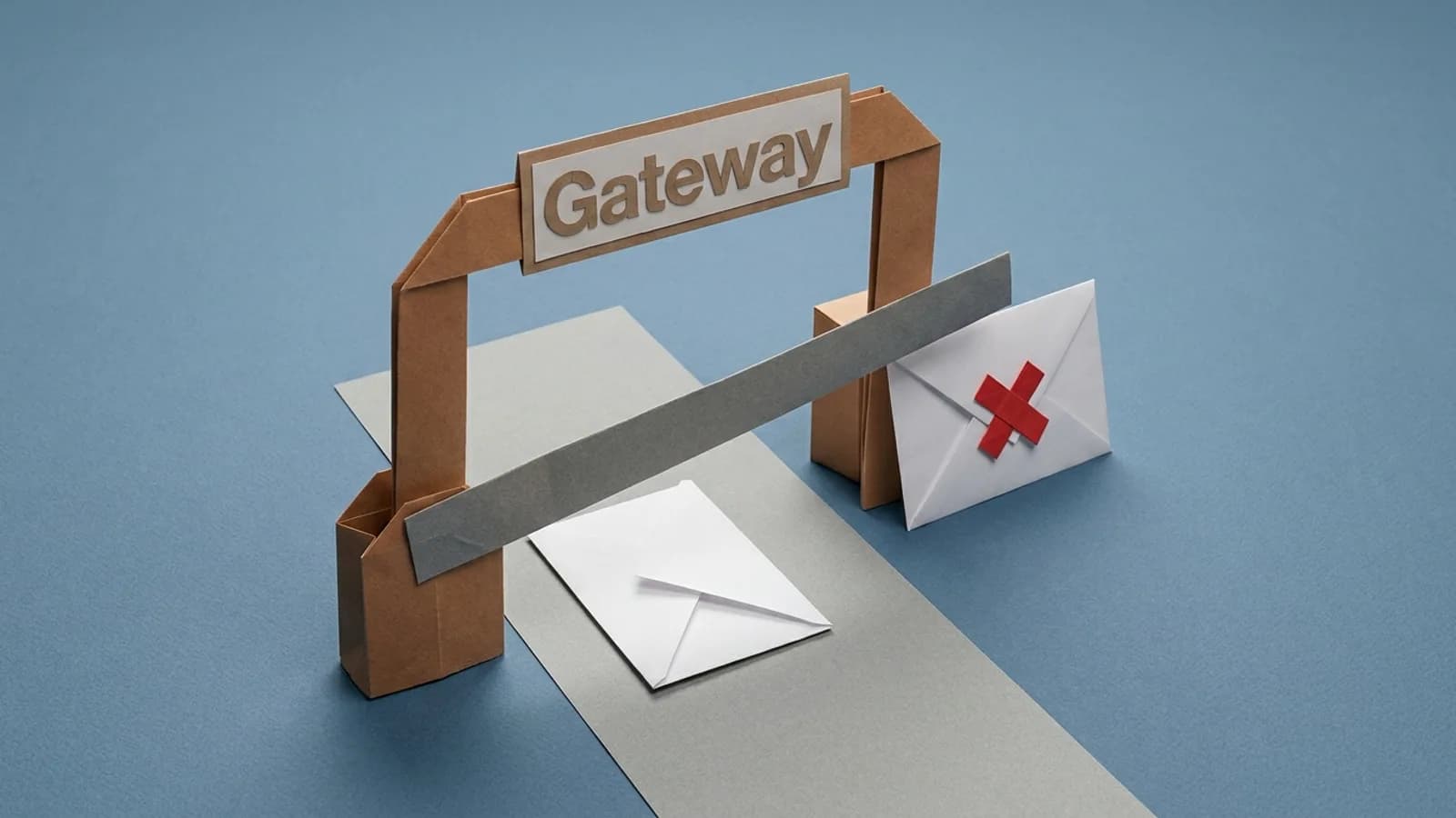 A paper Gateway arch whose barrier lets one envelope pass and holds back one stamped with a red cross, for Databricks Unity Gateway