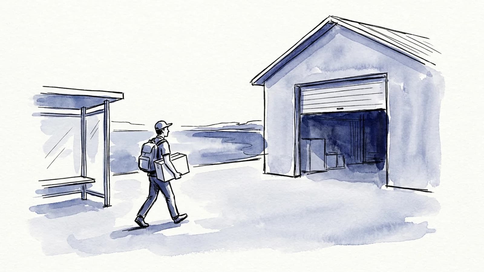 Ink wash drawing of a courier carrying a parcel past an empty bus shelter, straight into the open door of a warehouse by a lake