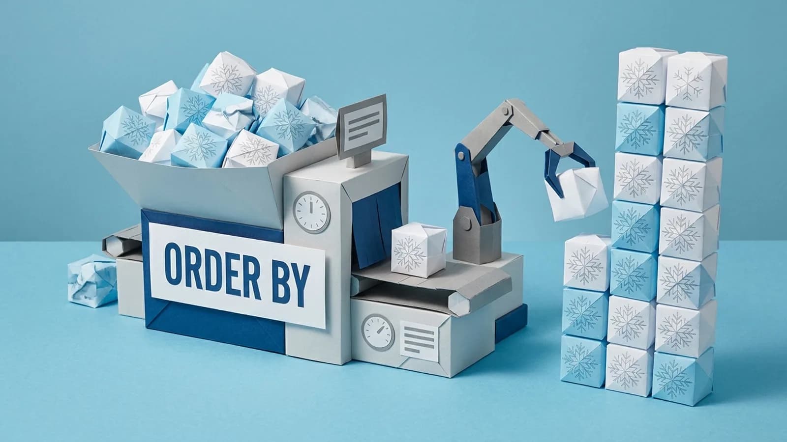 A paper machine labelled ORDER BY sorts a messy pile of snowflake ice cubes into a neat stack: the sort dbt cluster_by adds on Snowflake