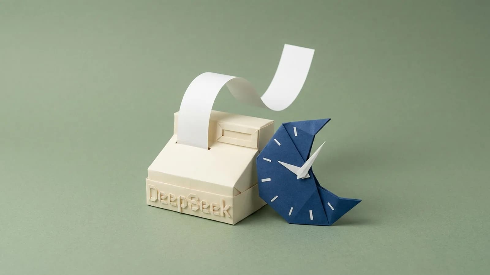 A paper cash register marked DeepSeek printing a receipt beside a crescent moon clock for off-peak hours