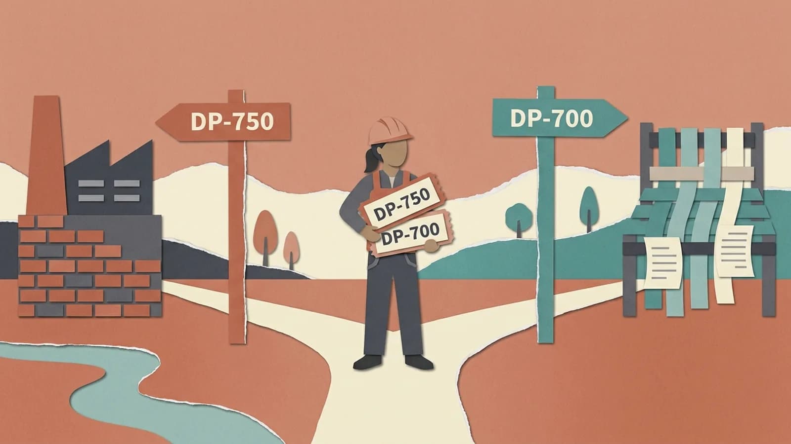 Paper-cut engineer at a fork holding 2 exam tickets, signs pointing to a brick factory marked DP-750 and a loom marked DP-700