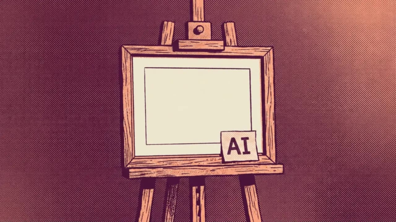 An empty picture on an easel with a small AI label pinned to the corner of its frame