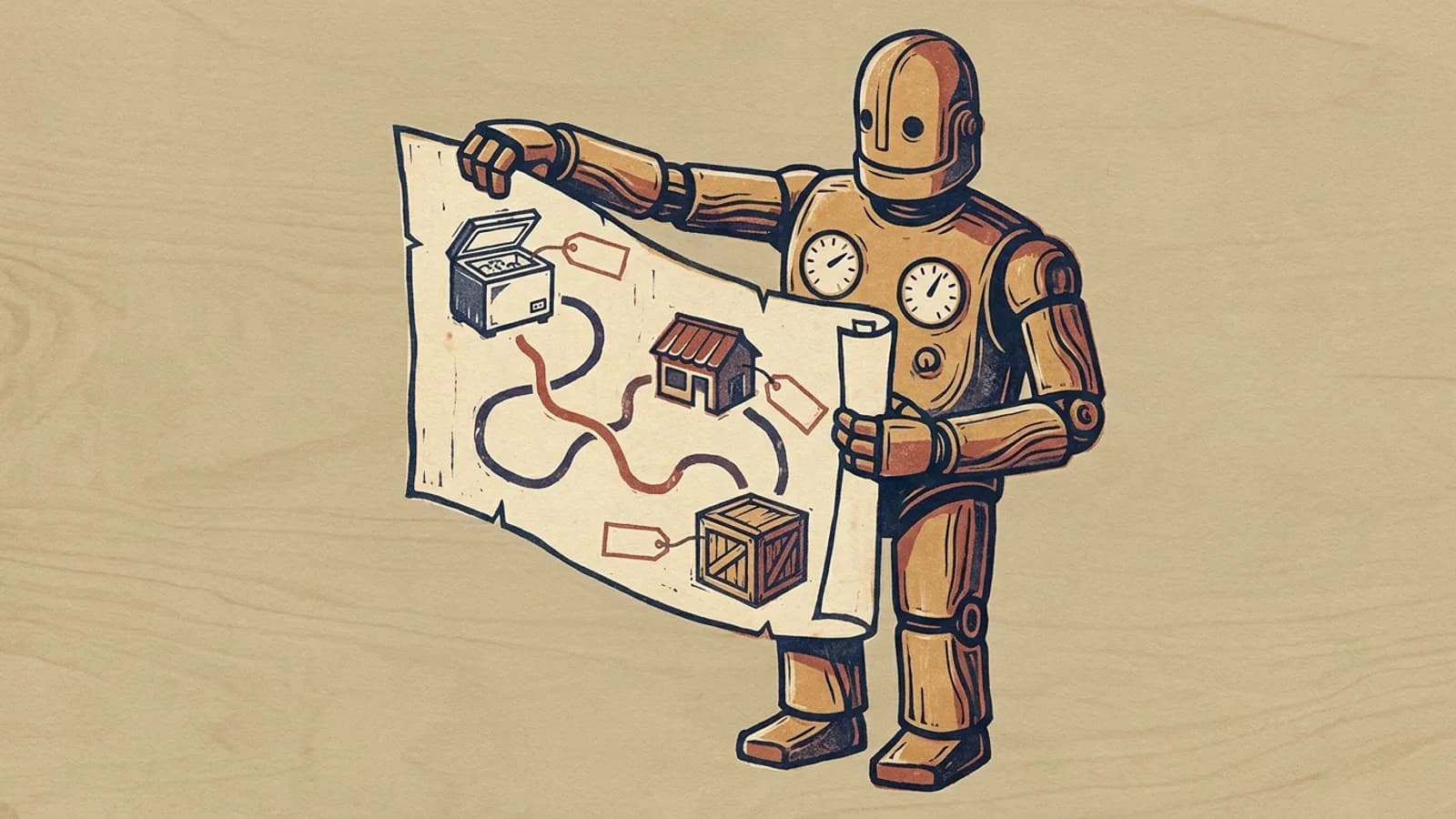A robot holds up a paper map on which a freezer, a shop and a crate are drawn, each with a label, joined by lines