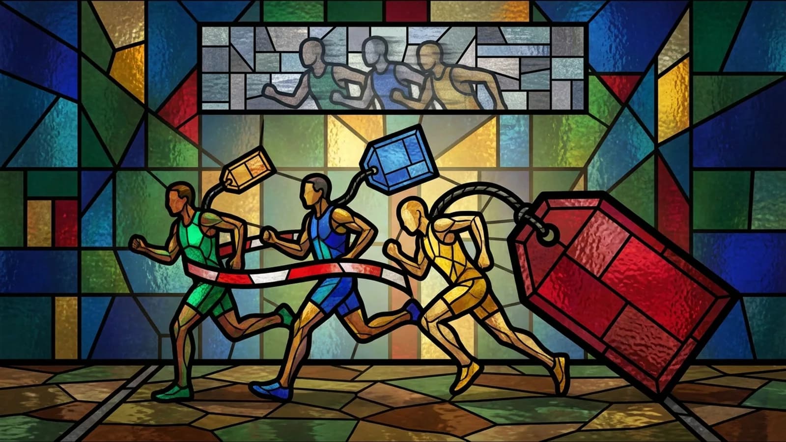 Stained glass of 3 runners crossing the finish line together under a photo-finish strip, the third dragging a huge red price tag