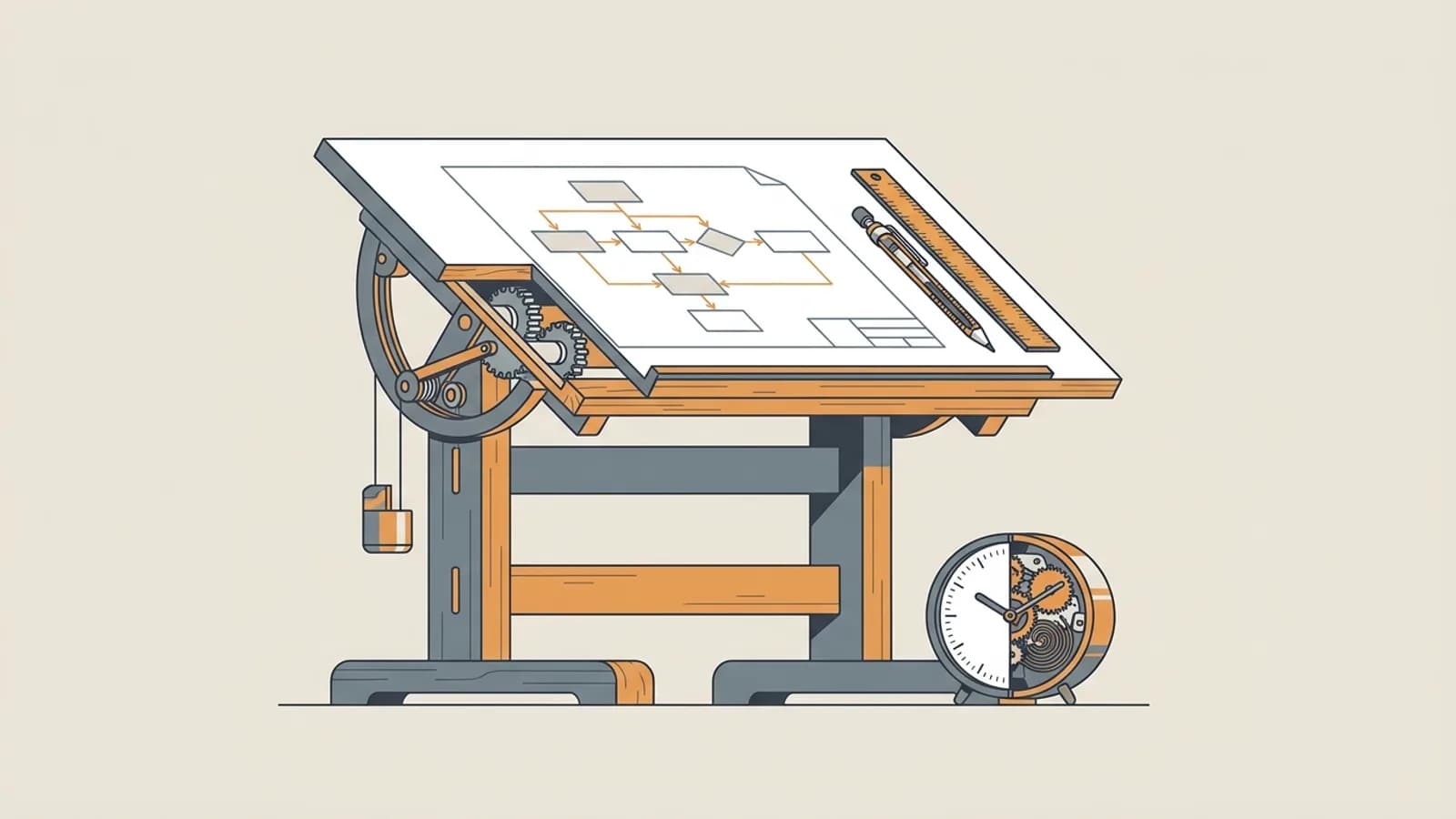 A drafting table with a blueprint of connected boxes and arrows, a pencil, a ruler and a clock beside it
