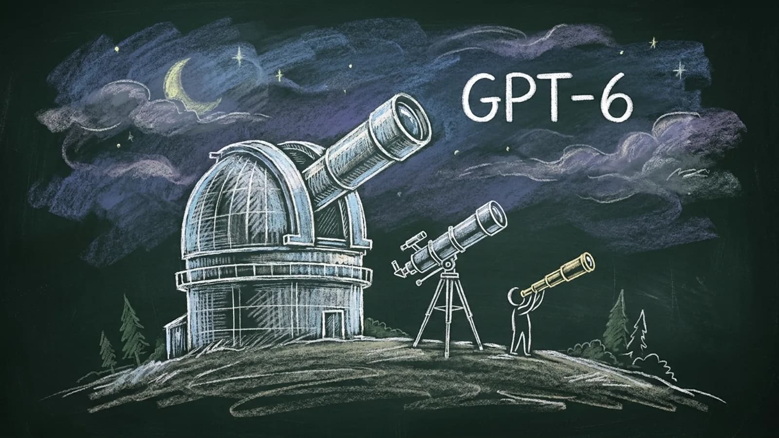 Chalk drawing of a large observatory, a mid-size telescope and a small hand telescope under the words GPT-6