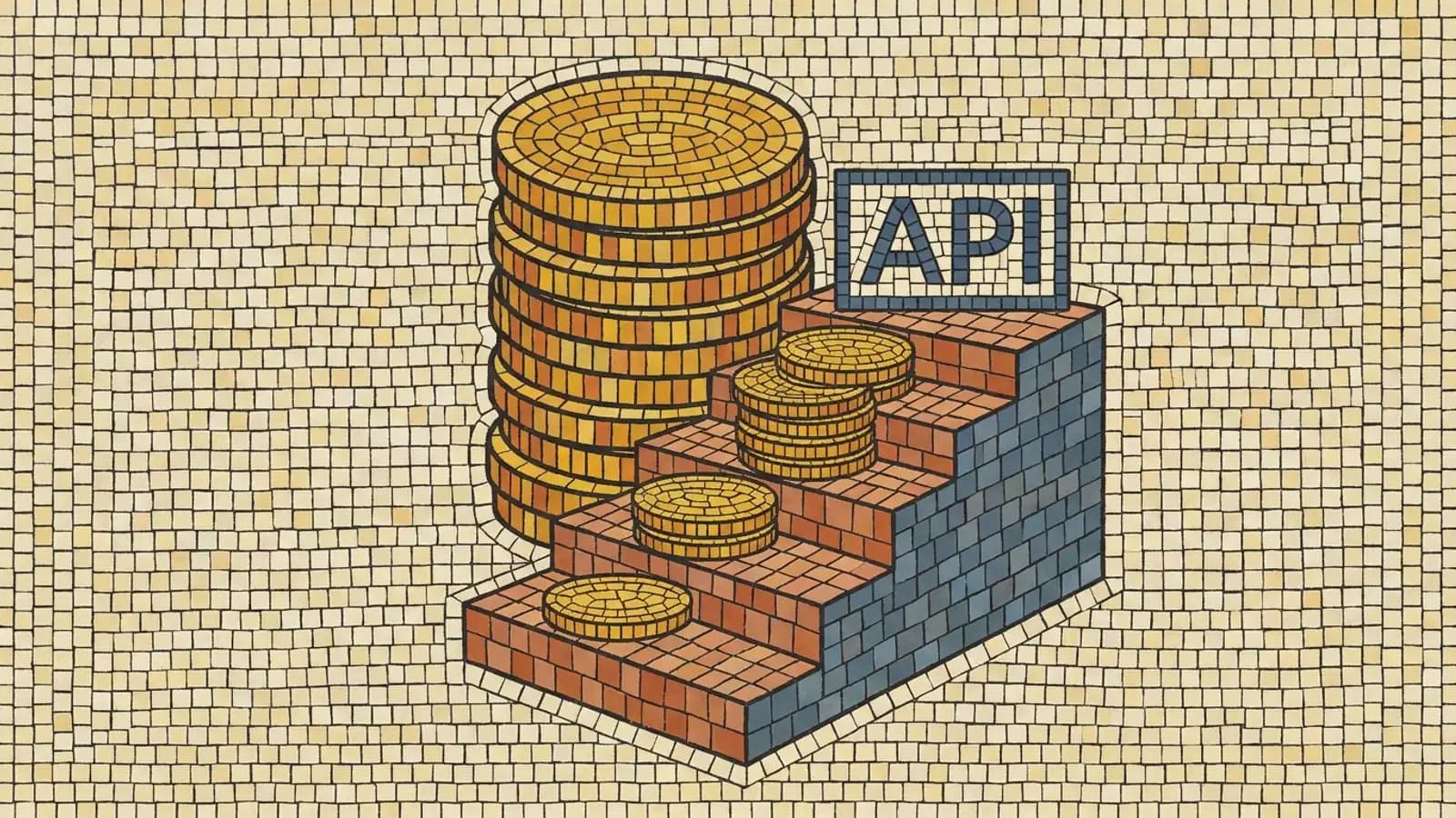 A mosaic of a tall stack of coins beside an API sign and stairs where each lower step holds fewer coins: cutting LLM API costs step by step