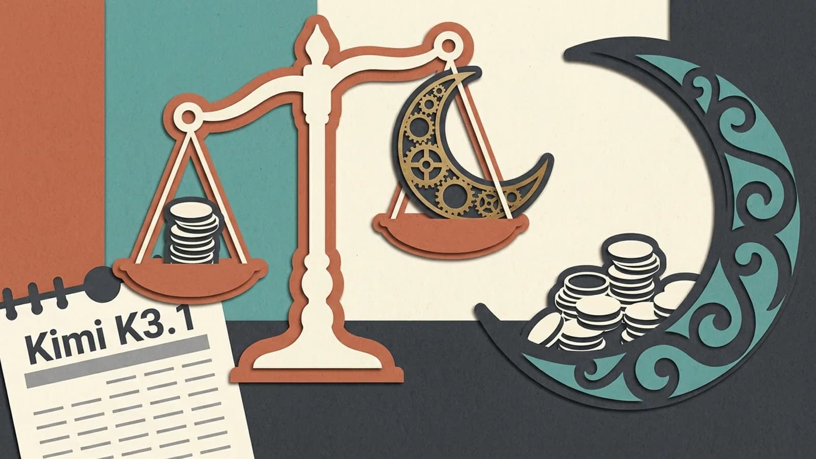 Paper-cut scale weighing a gear-built crescent moon against a few coins, beside an older moon full of coins and a Kimi K3.1 page
