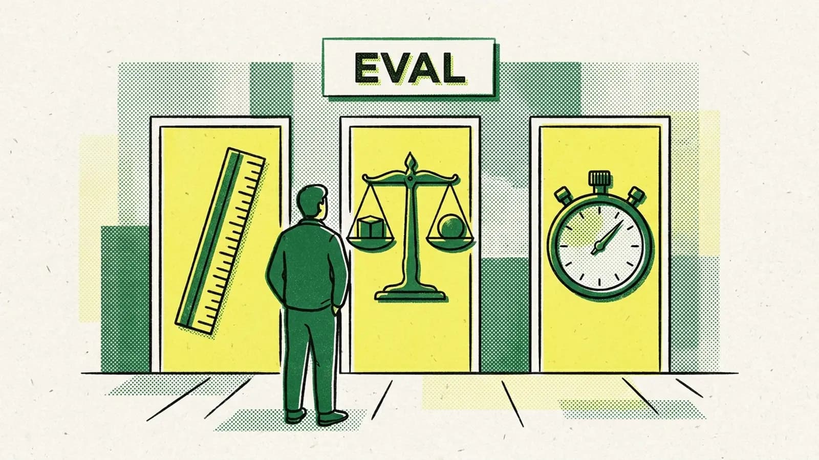 A person stands before 3 doors under an EVAL sign, marked with a ruler, a balance scale and a stopwatch: choosing an LLM eval framework