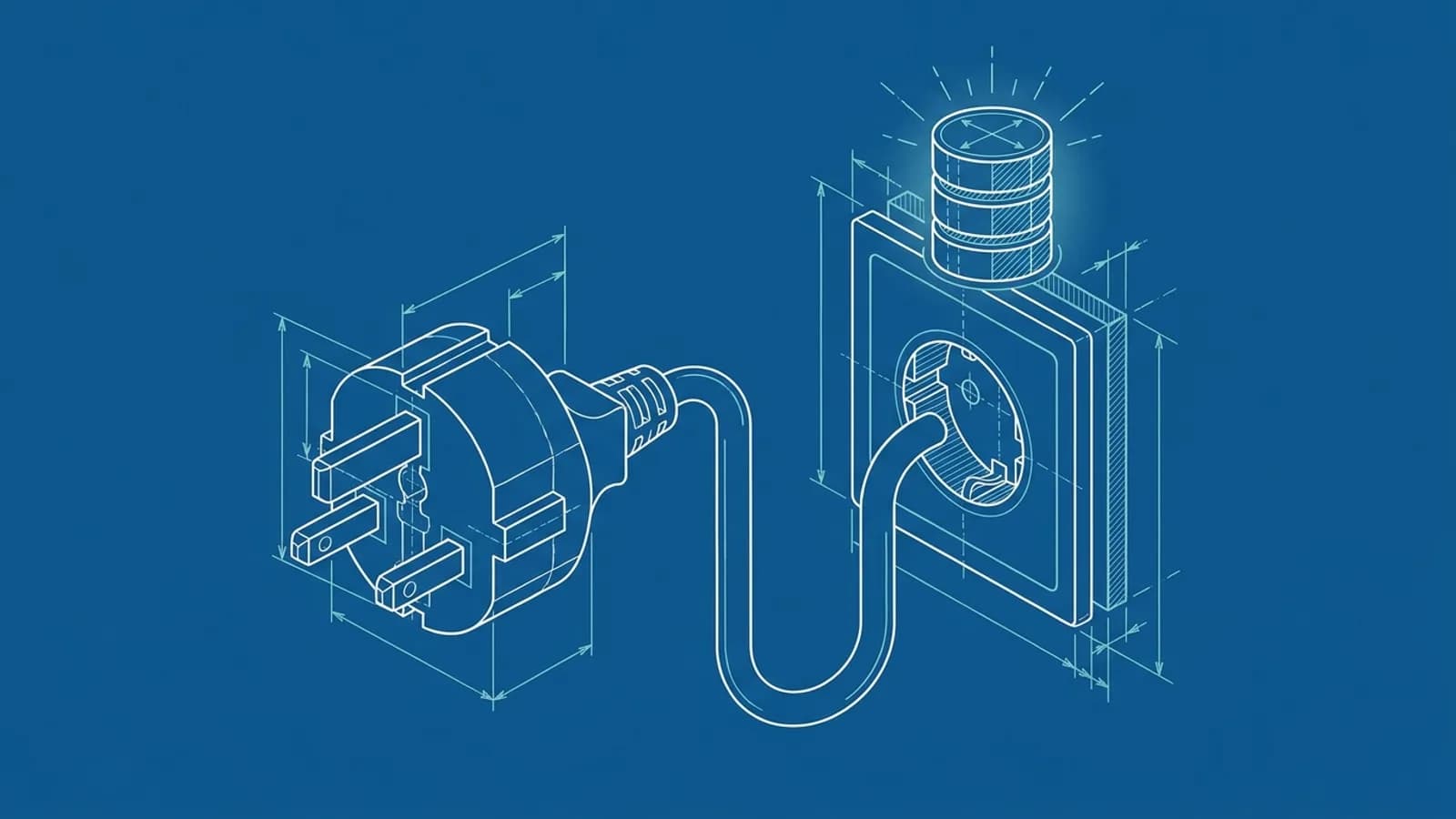Blueprint drawing of a plug on a cable fitted into a wall socket, with a stack of database drums lit up above the socket
