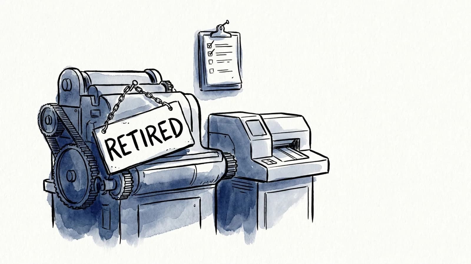 An old machine with a Retired sign beside a newer machine, a checklist pinned on the wall