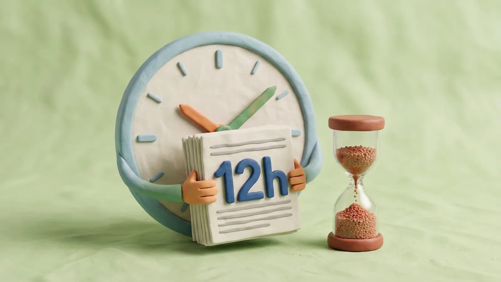 A clay clock holds pages marked 12h beside a small hourglass, showing OpenAI keeping a cached prompt for 12 hours, not 30 minutes