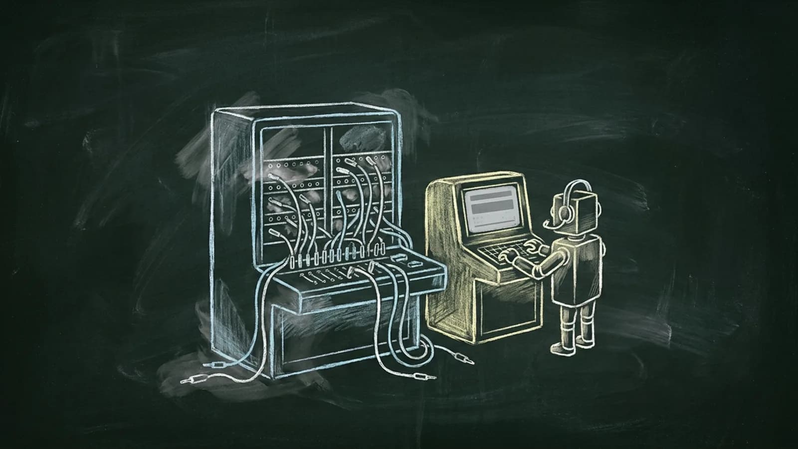 Chalk drawing of an old switchboard with loose cables beside a new console where a robot operator takes the calls