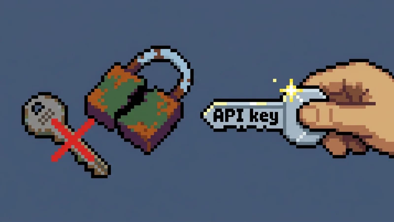 A pixel-art hand offers a new API key beside a broken padlock and an old key crossed out in red, showing a leaked key revoked and replaced