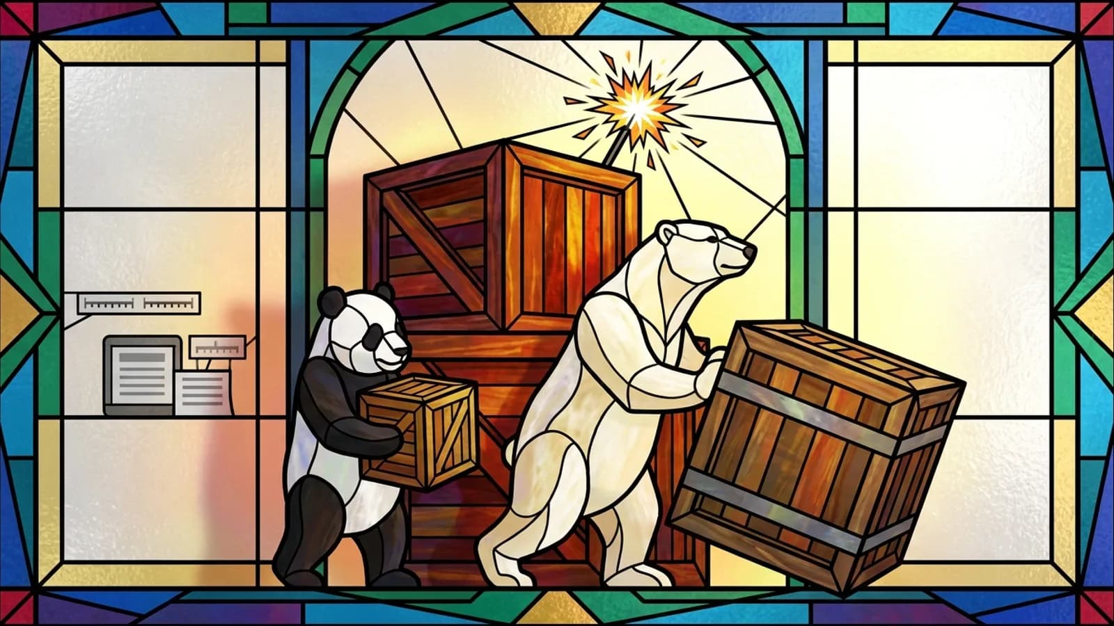 A panda carrying a small crate and a polar bear pushing a bigger one, a spark above a huge crate behind them