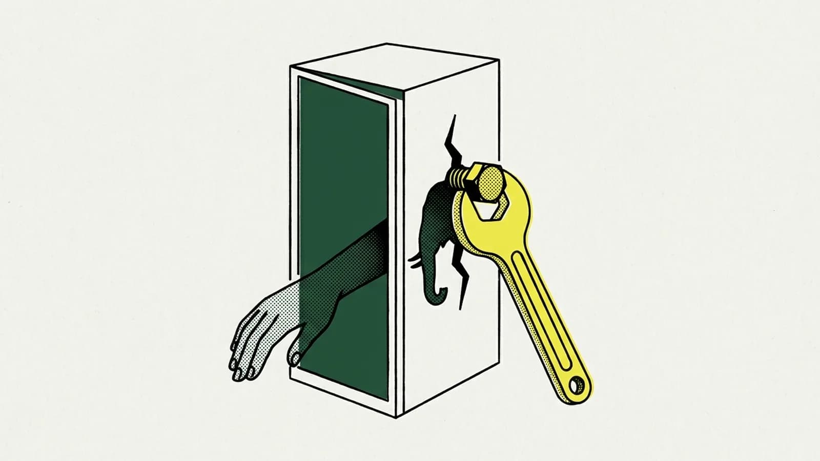 A hand reaches through a crack in a PHP server while a wrench bolts it shut, showing the PHP2Shell flaw being patched