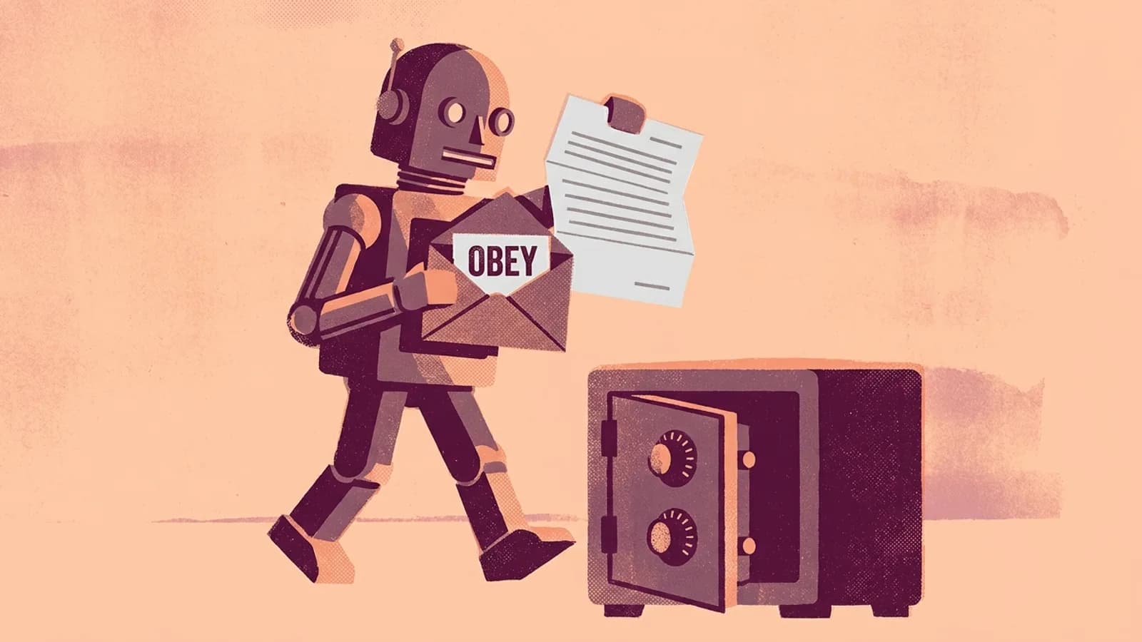 A robot reads a letter with a hidden OBEY note and walks toward an open safe: prompt injection hiding orders in the content an AI reads