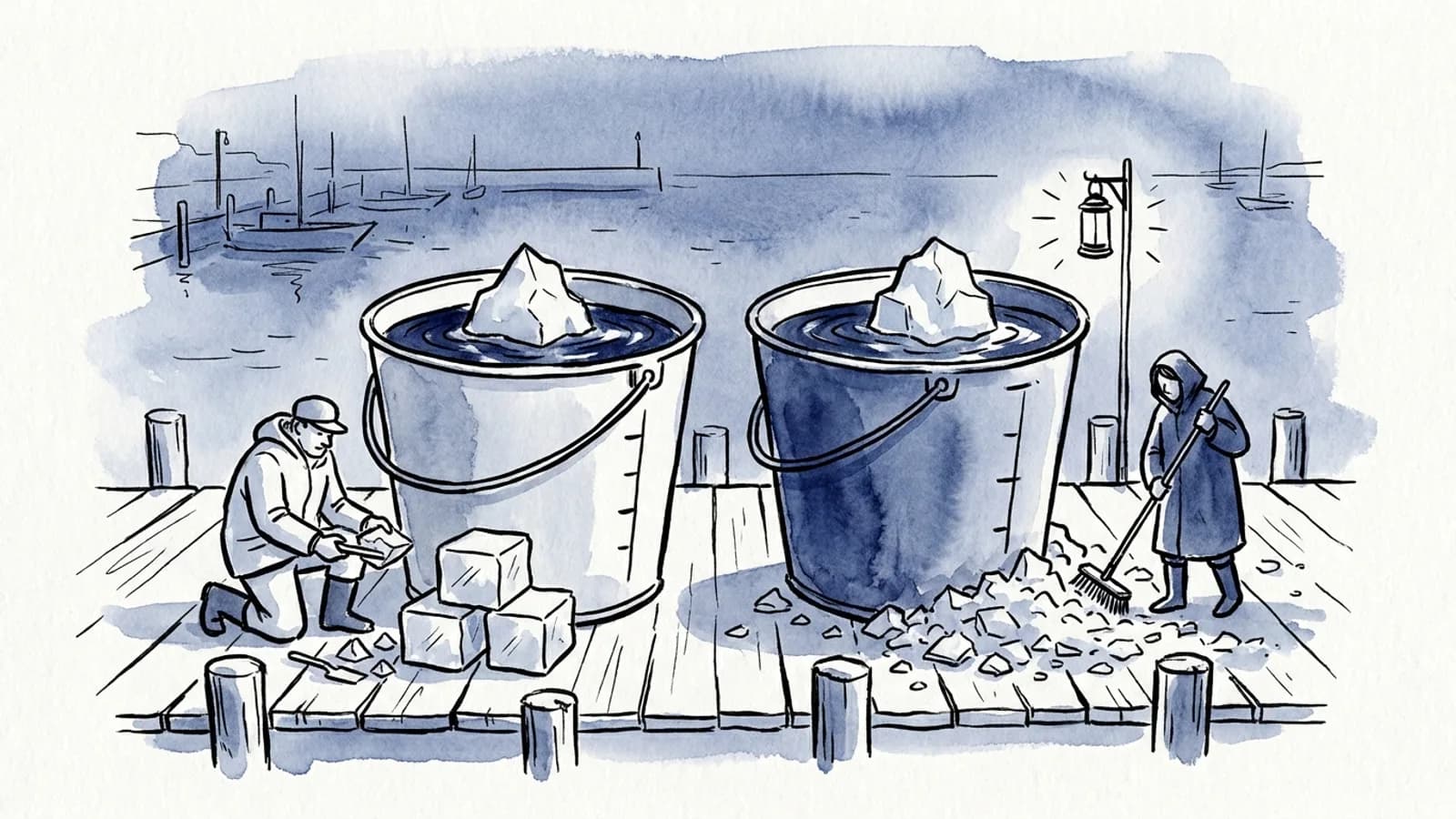 Ink drawing of 2 buckets holding small icebergs: one worker stacks neat ice blocks, another sweeps loose ice chips alone