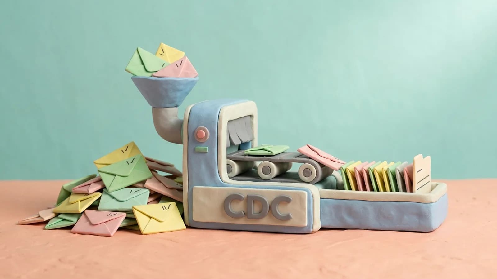 A clay sorting machine marked CDC turning a pile of out-of-order envelopes into one neat row, for Spark 4.2 Auto CDC