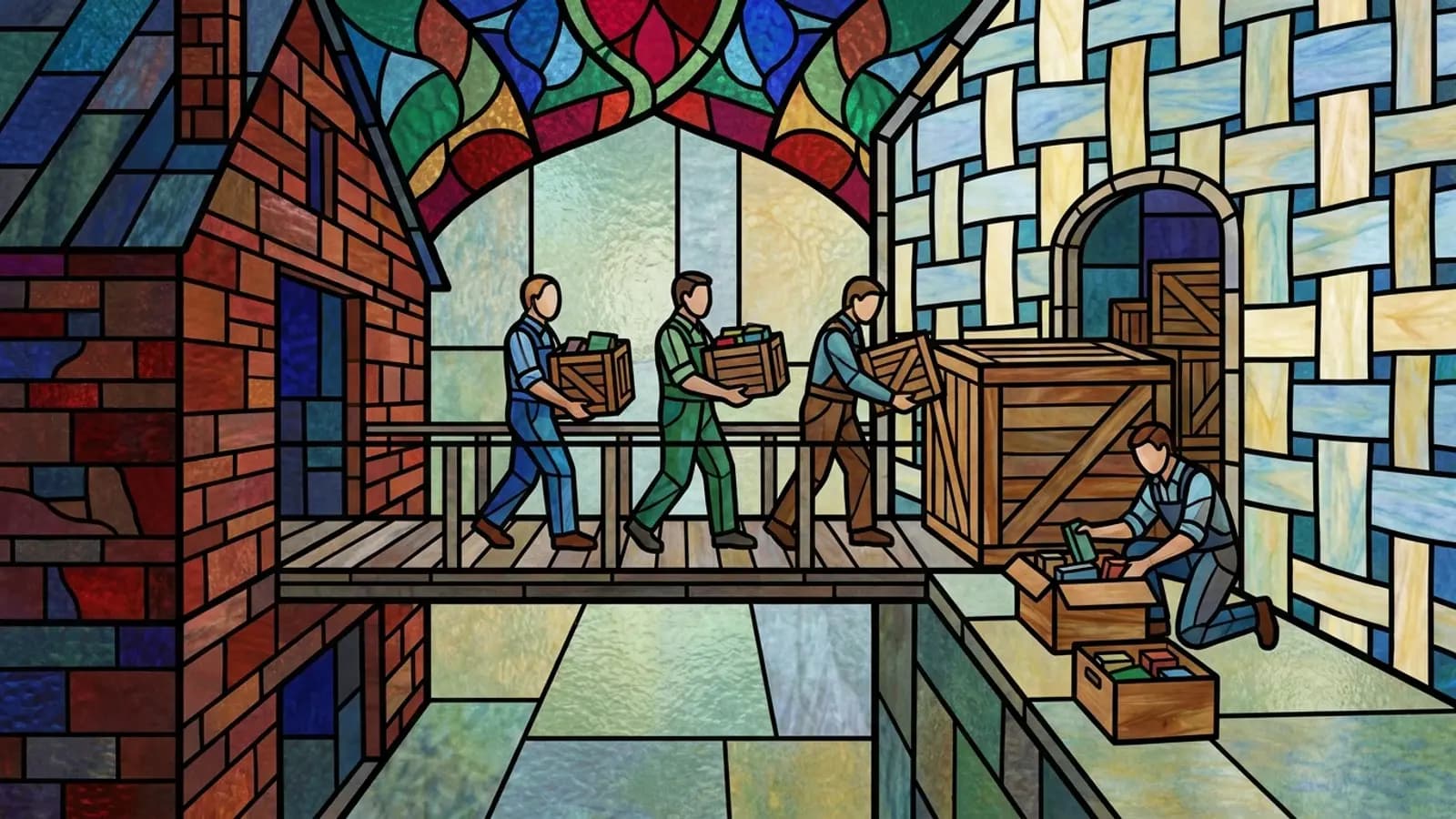 Stained glass of movers carrying crates from a brick warehouse into a woven hall, one worker repacking a crate too big for the door