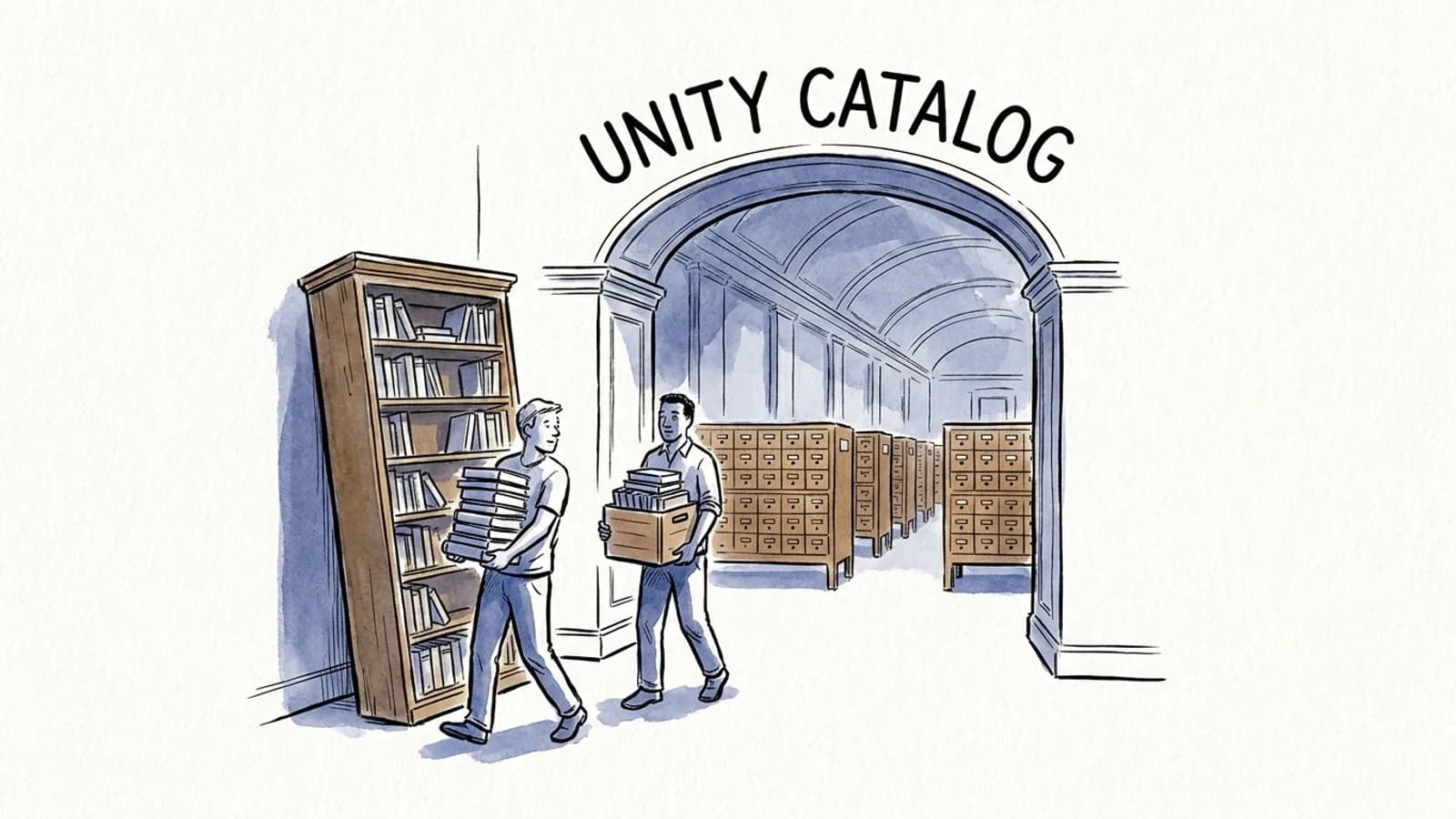 Ink wash of 2 workers carrying books from an old bookcase into a catalogue hall labelled Unity Catalog