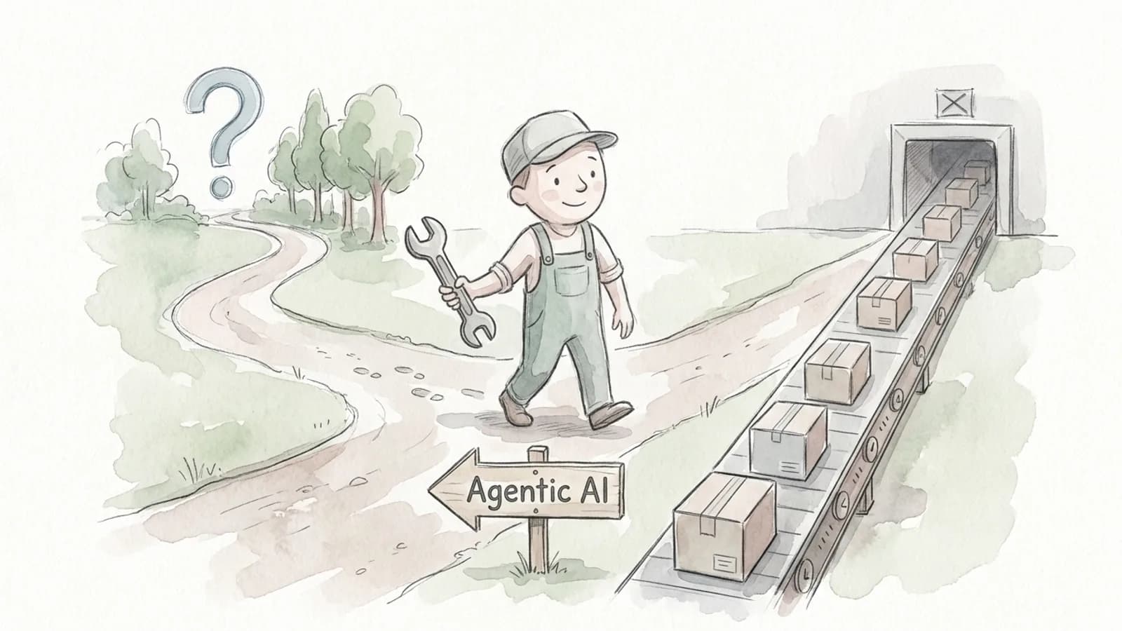 A worker with a wrench picks a path at a fork in the road beside a fixed conveyor belt: an agent choosing its steps next to a set workflow